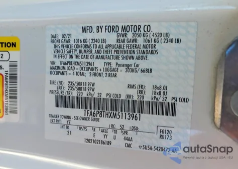 2021 Ford Mustang из США, поврежденный, VIN 1FA6P8THXM5113961